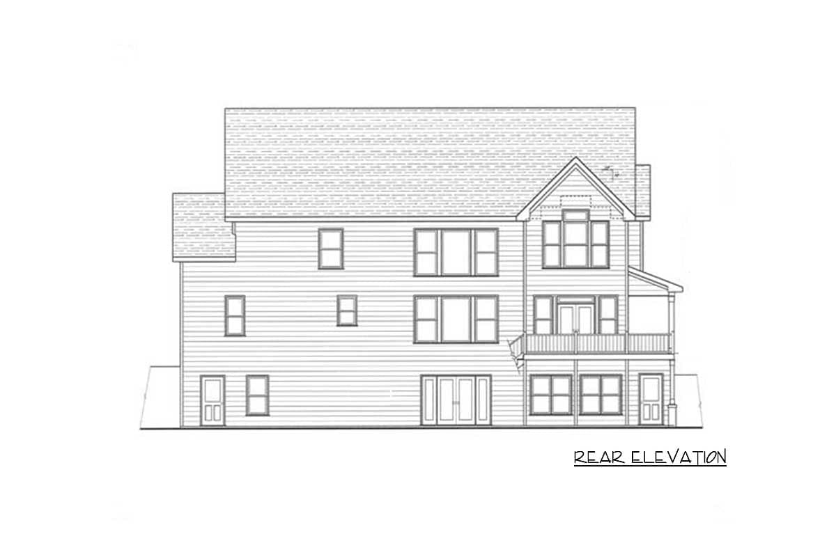 Rear elevation house plan with two stories, multiple windows, a covered porch, and a gabled dormer.