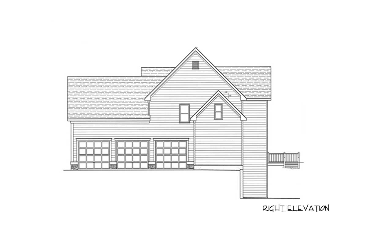 Right elevation house plan: multi-story home with three garage doors, gables, dormers, and a side deck.