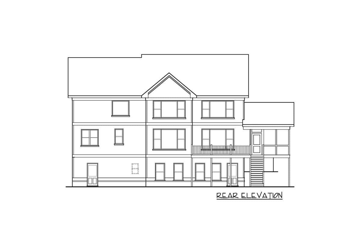 Rear elevation drawing of a multi-story house plan featuring a dormer, multiple windows, a deck with railing, and a screened porch with stairs.