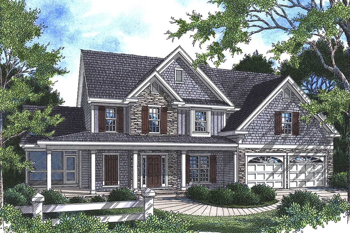 House plan exterior: two-story Modern Farmhouse with covered front porch, stone accents, dormers, and a side-entry two-car garage.