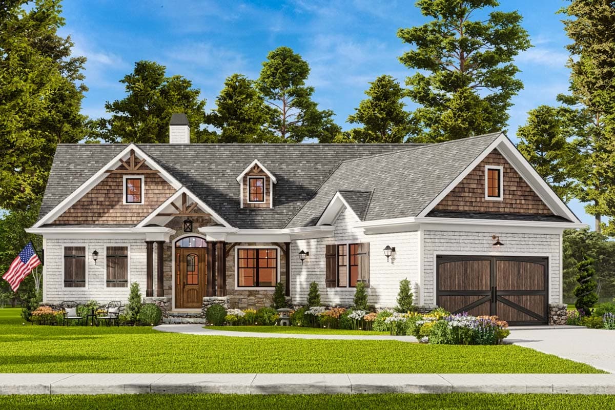 Craftsman house plan exterior with two stories. Features include a front porch, gables, dormers, and a two-car garage with a wood door.