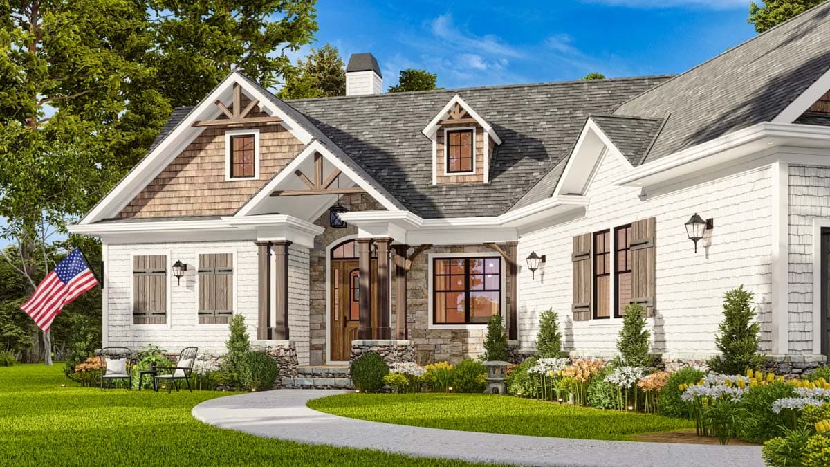 House plan exterior, Craftsman style, one story, with exposed rafter tails, stone accents, and covered entry.