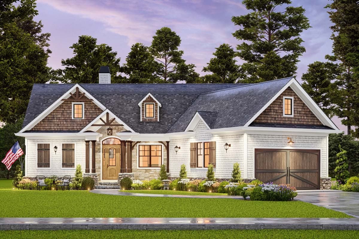 House plan exterior: Craftsman style, one story, with covered entry porch, decorative gables, dormers, and attached two-car garage.