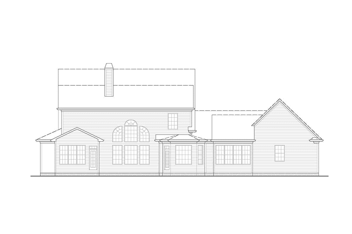 House plan rear elevation drawing showing multiple gables, a chimney, and varied window styles including arched.