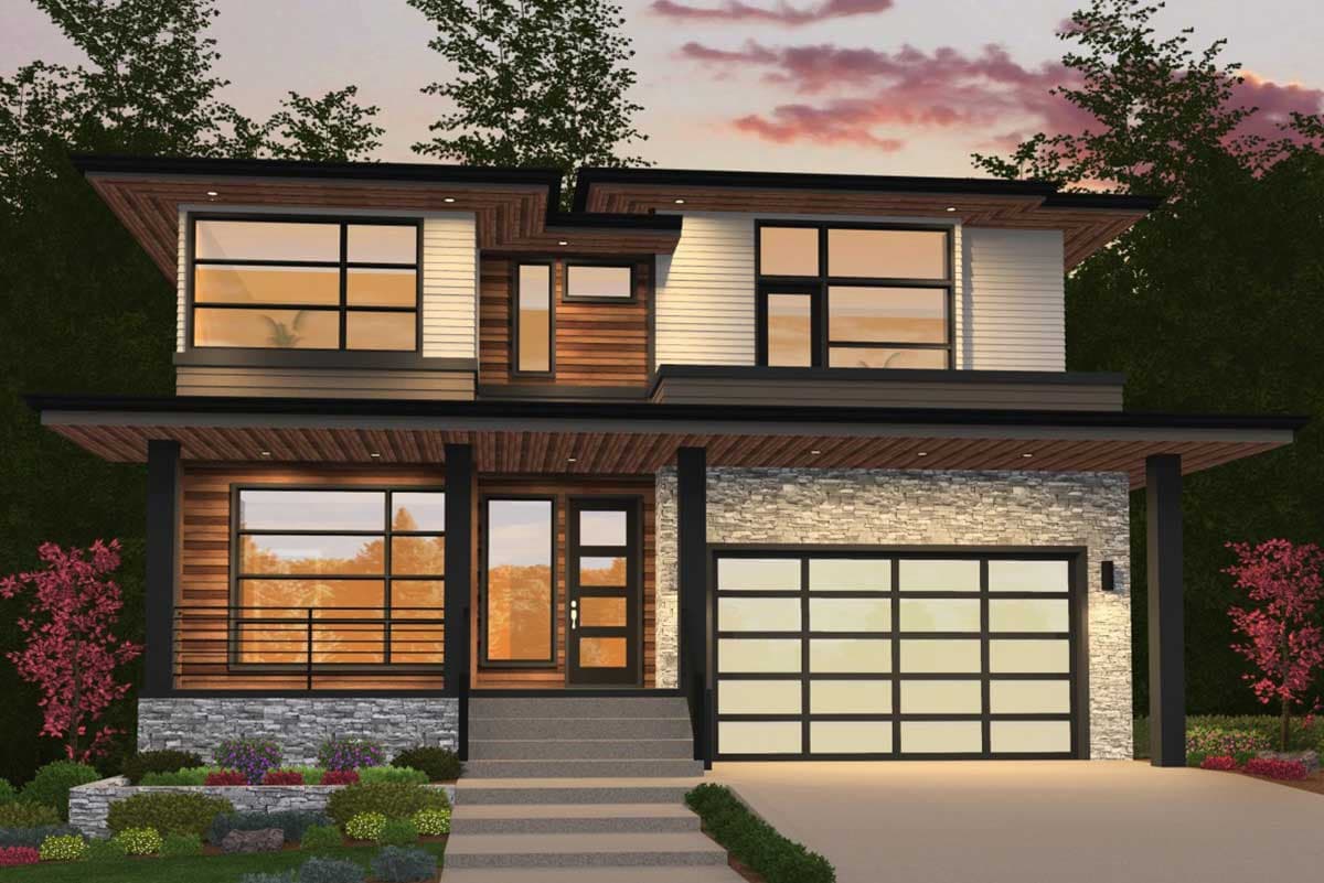 House plan exterior with two stories. Modern style with flat rooflines, a covered porch, and a stone facade on the garage.