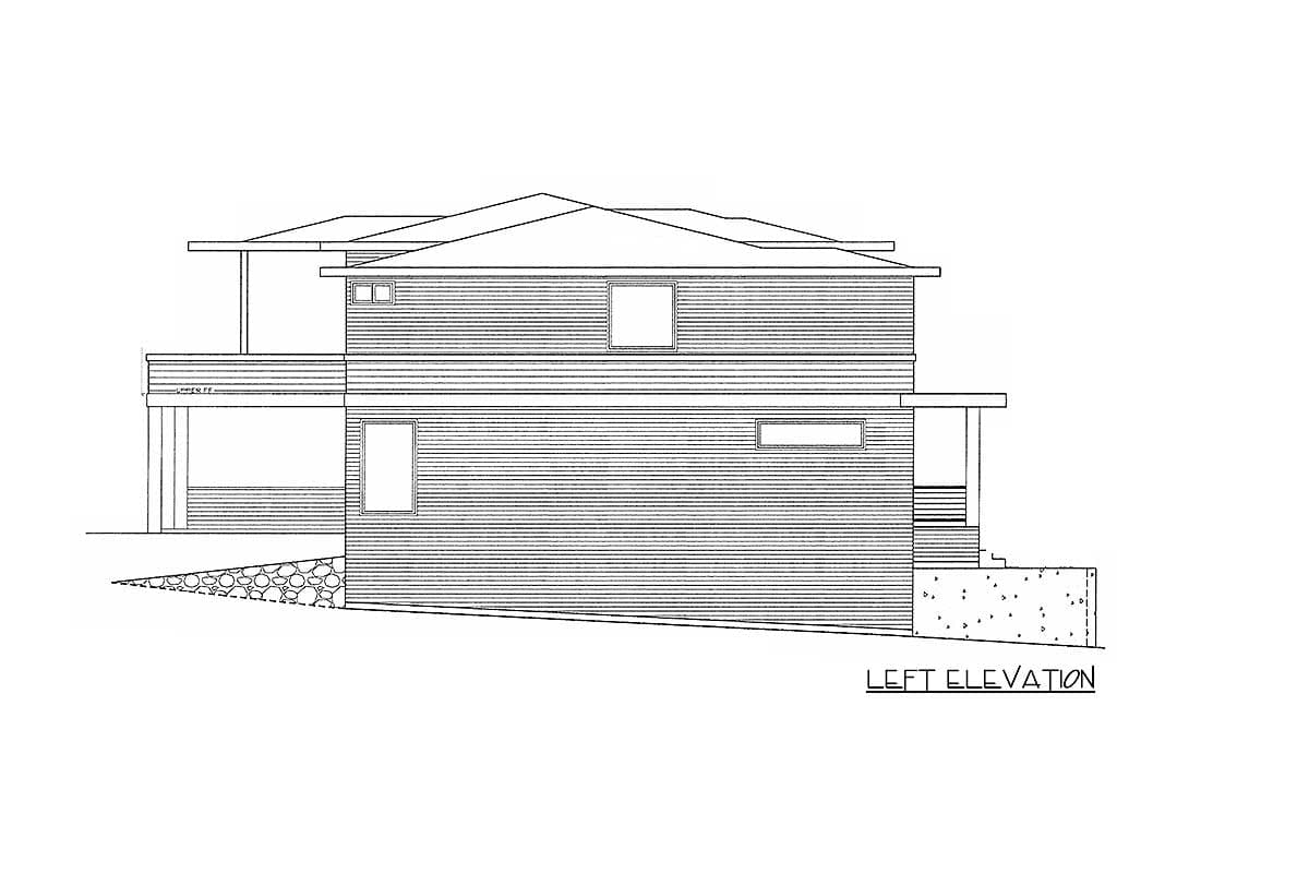Left elevation drawing of a two-story house with horizontal siding, large windows, and a covered balcony.