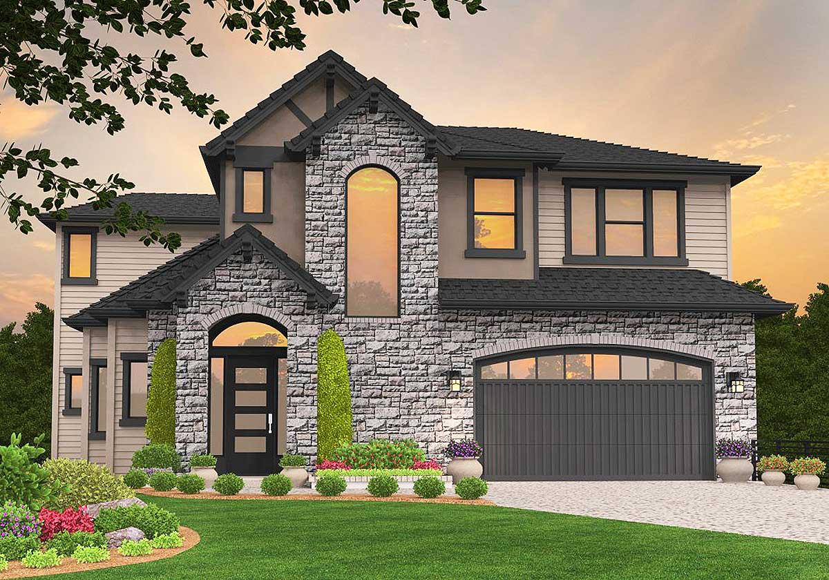 House plan exterior with stone facade, arched entry and garage, two stories, and multiple gables.