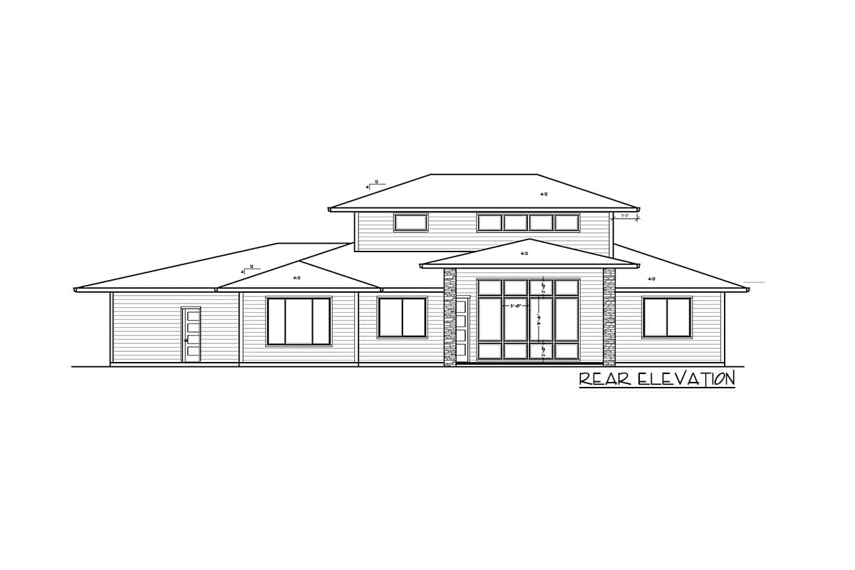 Rear elevation house plan drawing with multi-level rooflines, prominent window arrangements, and a two-story central section.