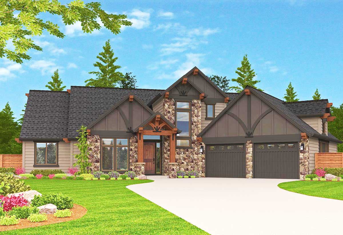 House plan exterior. Two-story home in a Craftsman style with stone accents. Features include a gabled roof, arched entryway, and two-car garage.