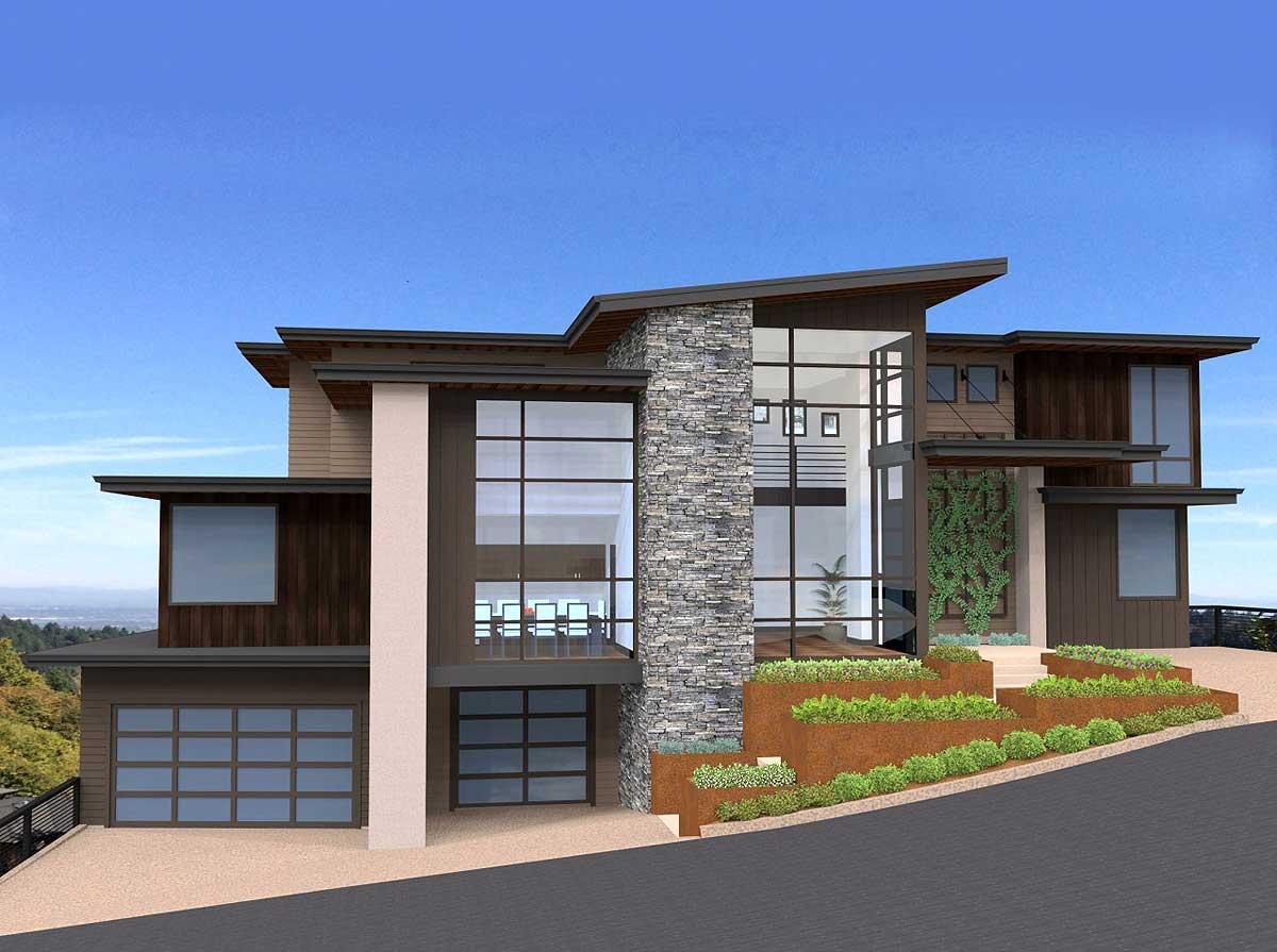 House plan exterior with modern style, two stories, flat rooflines, large windows, and a stone accent column.