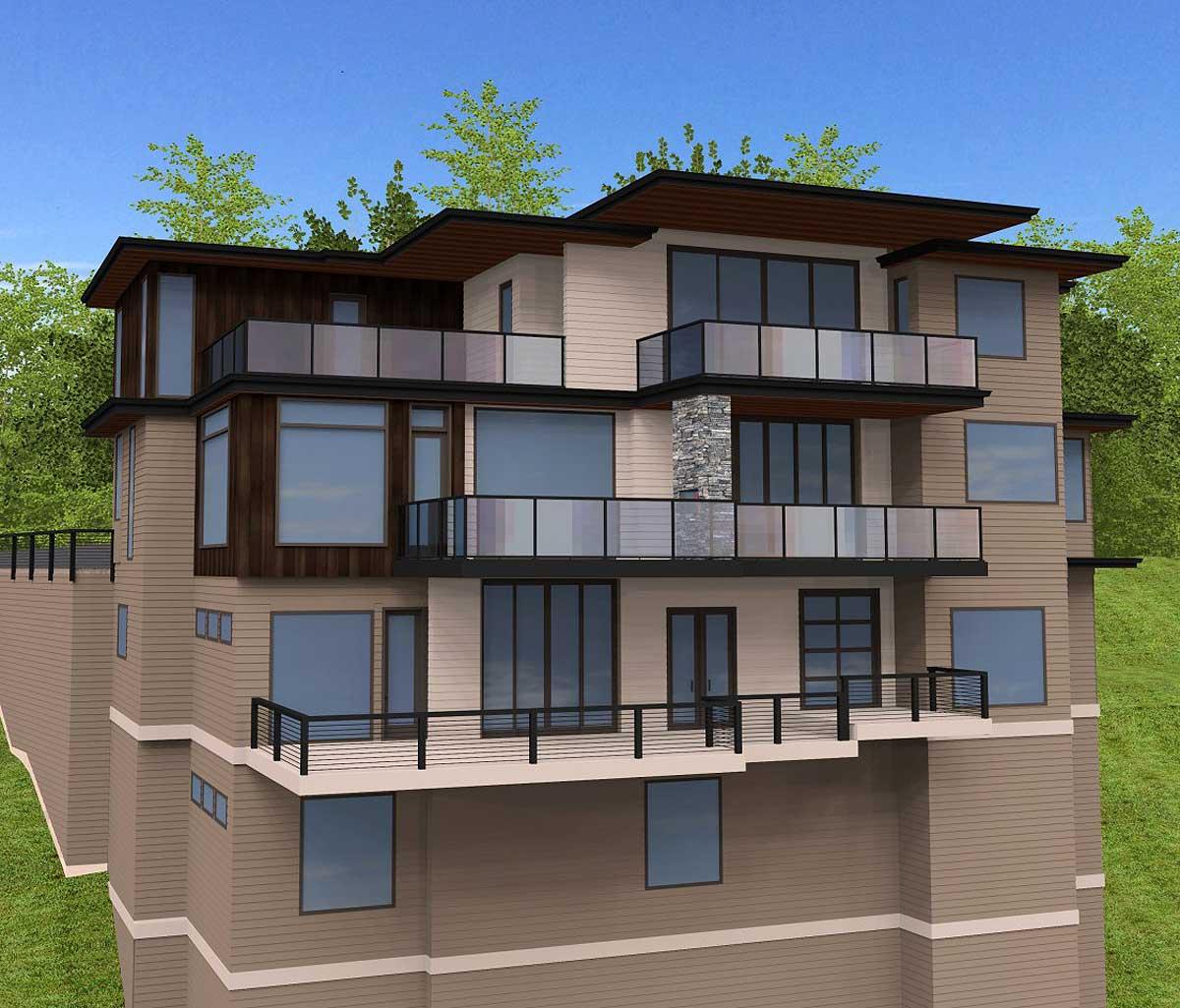 Modern house plan exterior with multiple levels, cantilevered balconies, large windows, and stacked stone chimney.