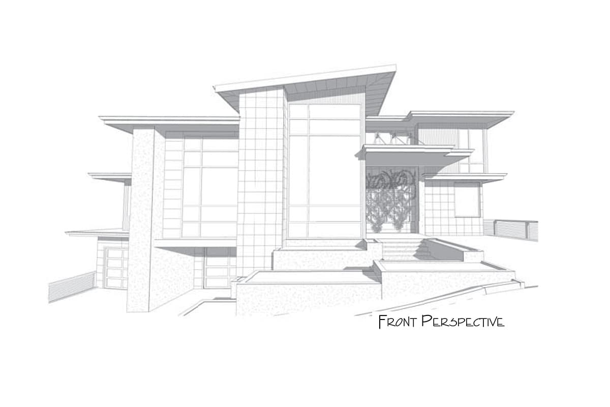 Modern house plan exterior with layered rooflines, large grid windows, and a tiered entrance.
