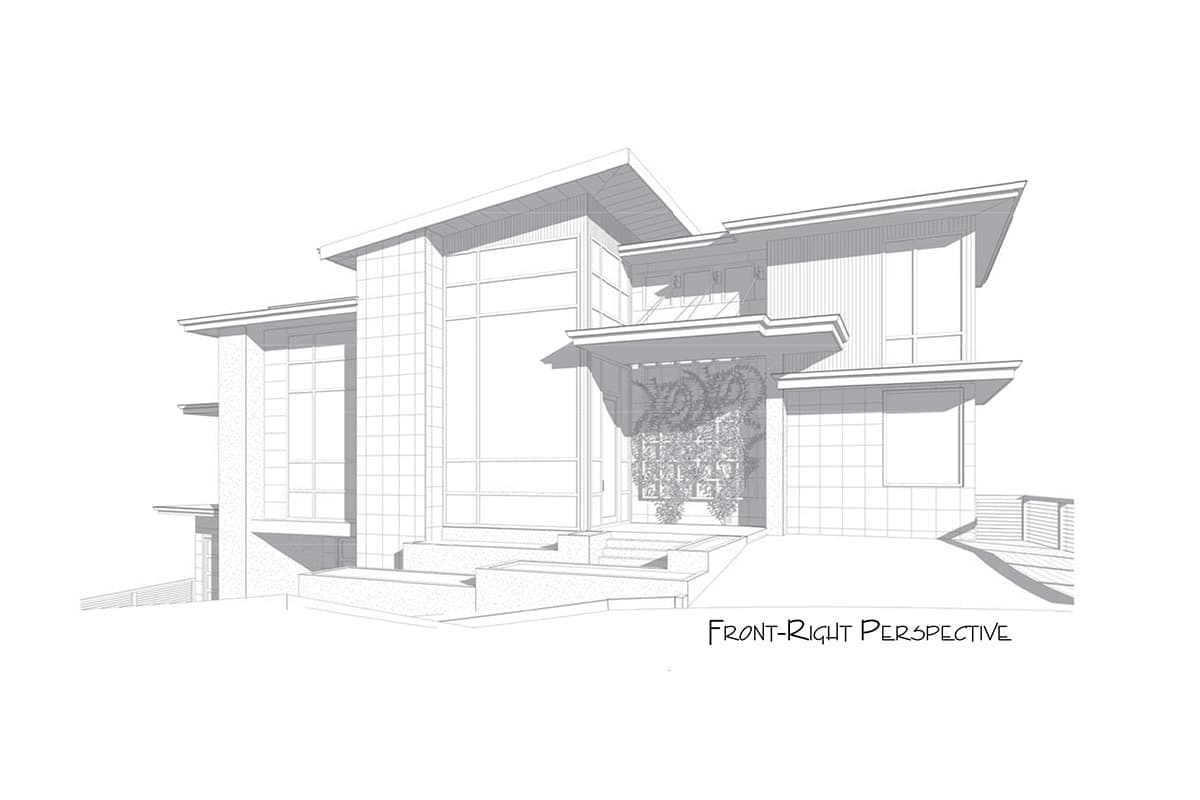 House plan exterior, modern style with multiple rooflines, large windows, and a covered entry with trellis.