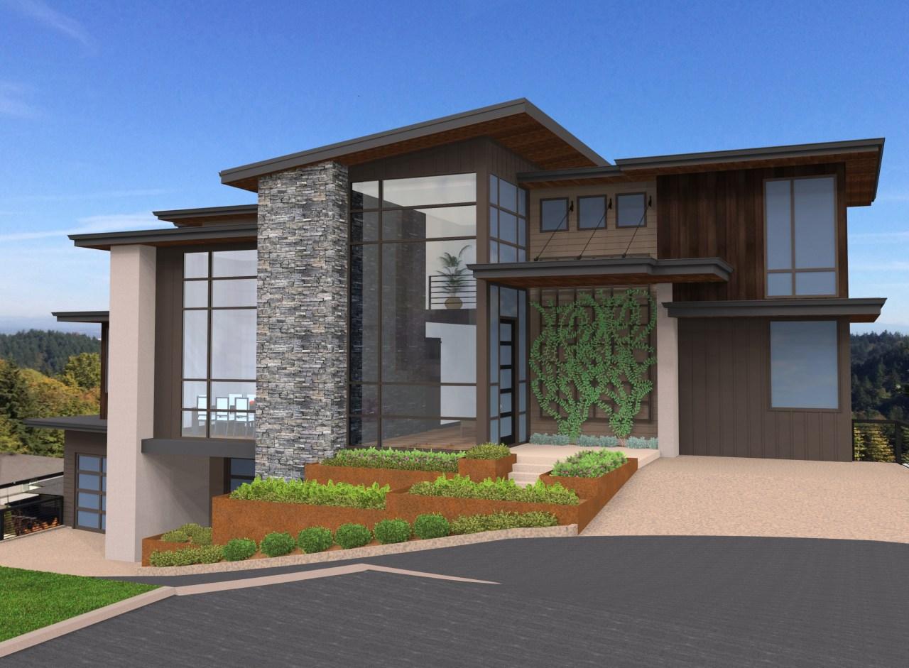 Modern house plan exterior with stacked stone facade, wood siding, multiple gables, and large glass windows.