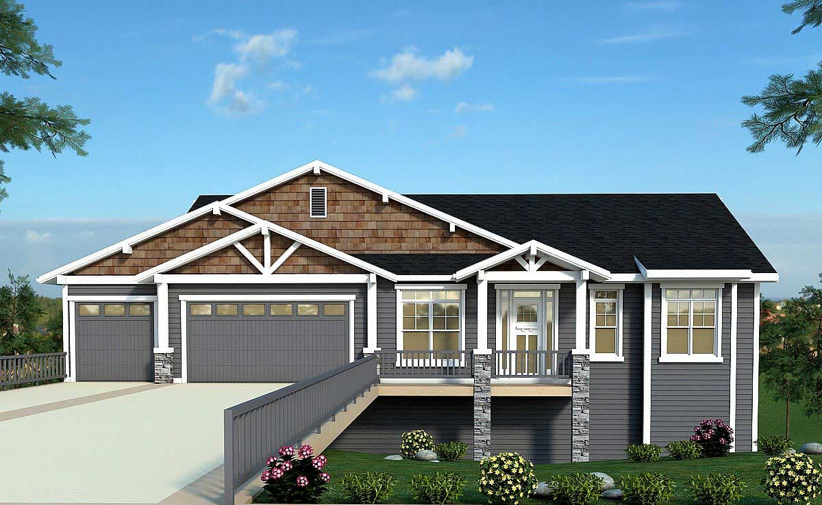 House plan exterior with Craftsman-style elements. Features include a front-facing garage, gabled roof, and covered porch with decorative beams.