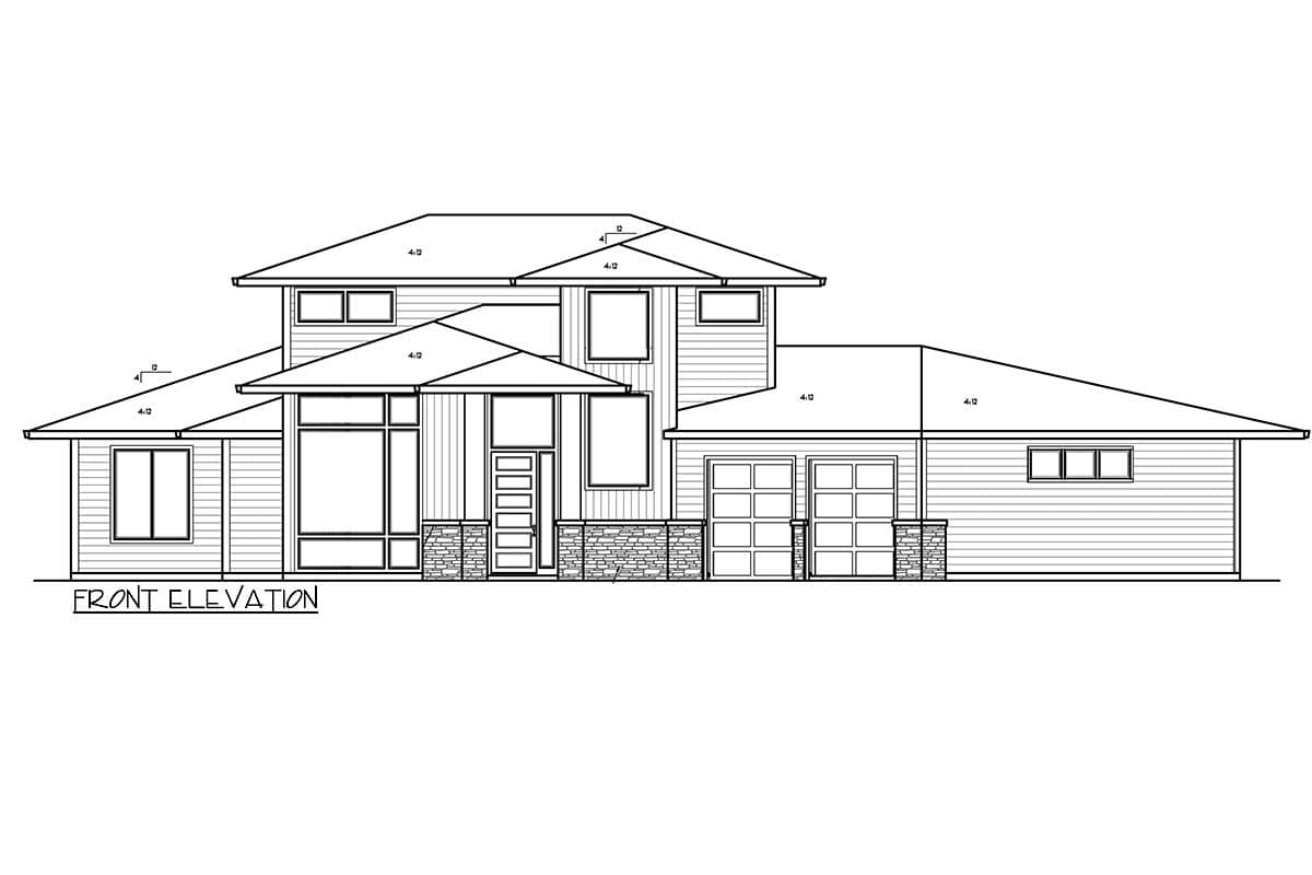 Front elevation drawing of a two-story house with a hip roof, multi-pane windows, stone accents, and a side-facing three-car garage.