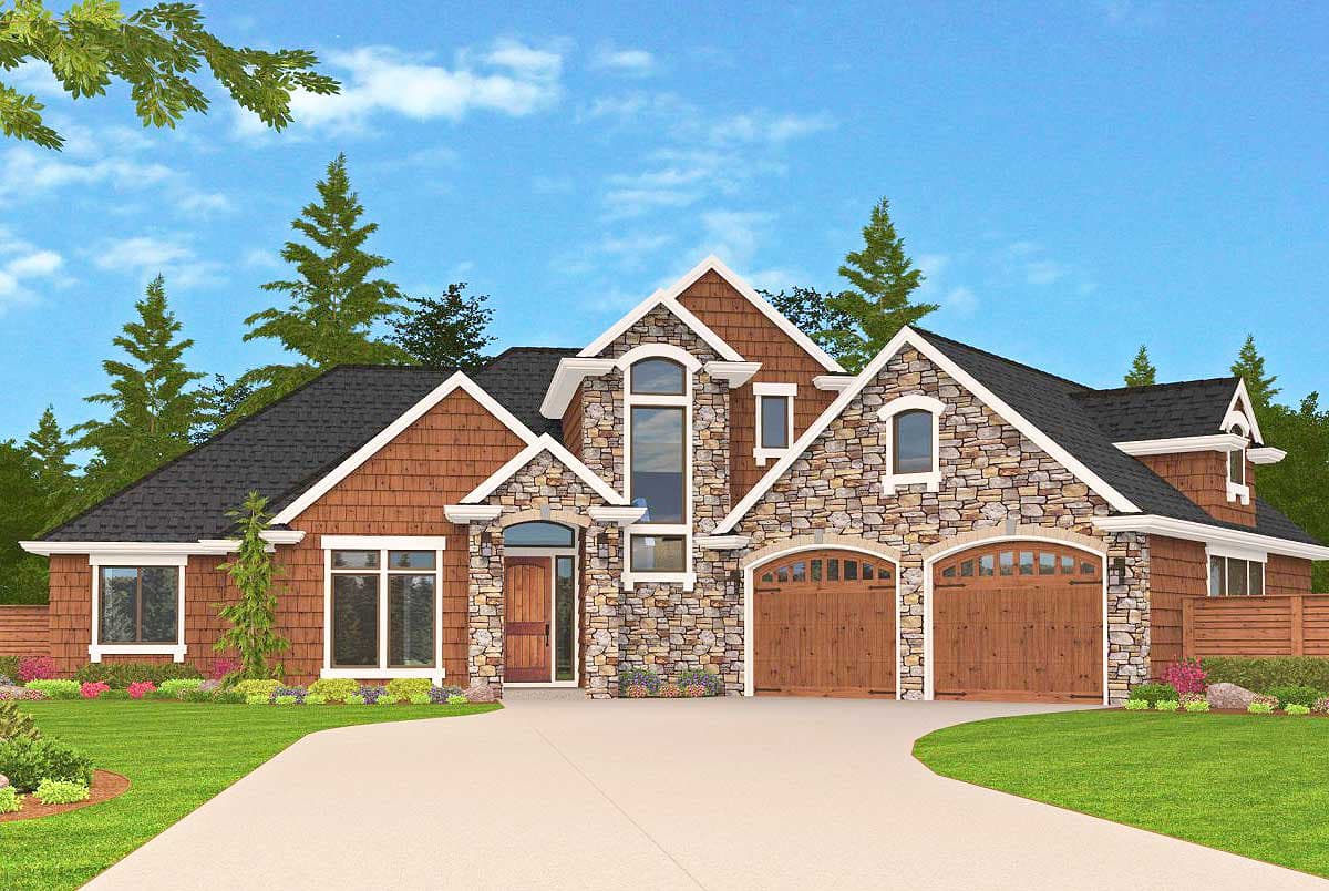 House plan exterior with stone and shake siding, two stories, gabled rooflines, arched garage doors, and a front entry with an arched top.