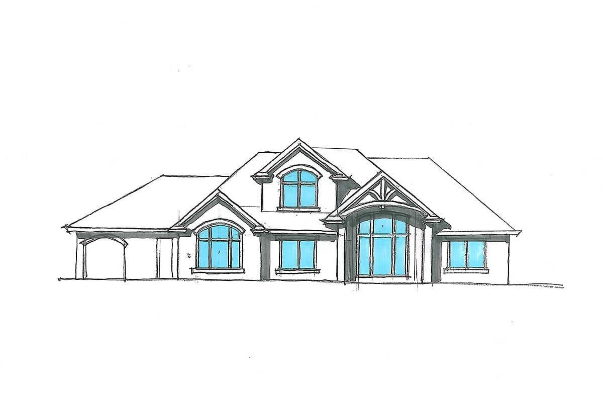 House plan exterior with a prominent arched window, multiple gables, and an attached porte-cochère.