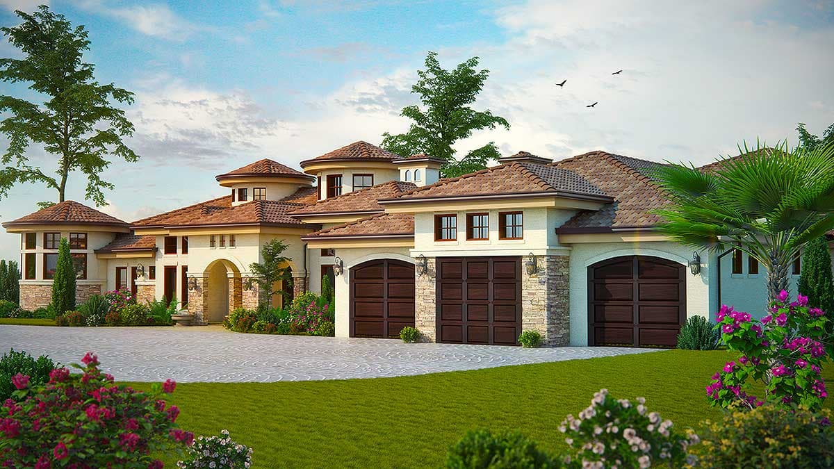 House plan exterior: Mediterranean style, multiple levels, arched entry, three-car garage, and tiled rooflines.