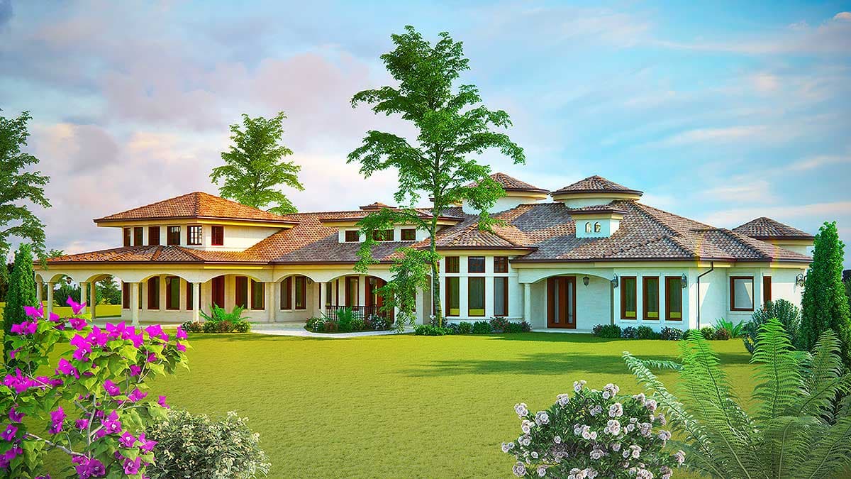 House plan exterior with a sprawling single-story design, arched colonnades, clay tile roof, and multiple gabled sections.