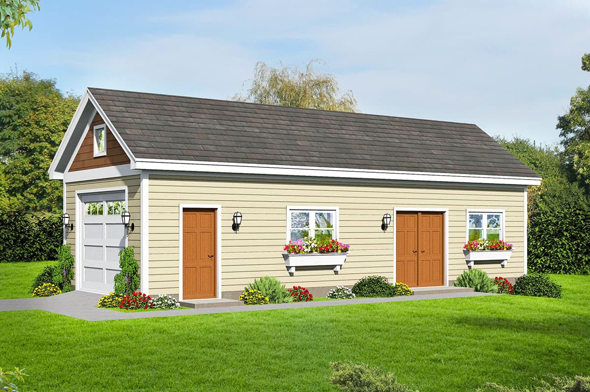 House plan exterior with gable roof, single-car garage, and two entry doors. Features include a window box and wall-mounted exterior lights.