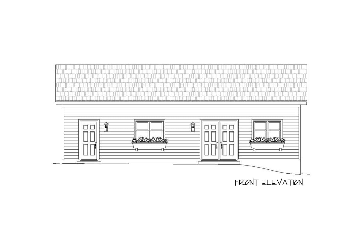 Front elevation drawing of a house with two doors, two windows with flower boxes, and horizontal siding.