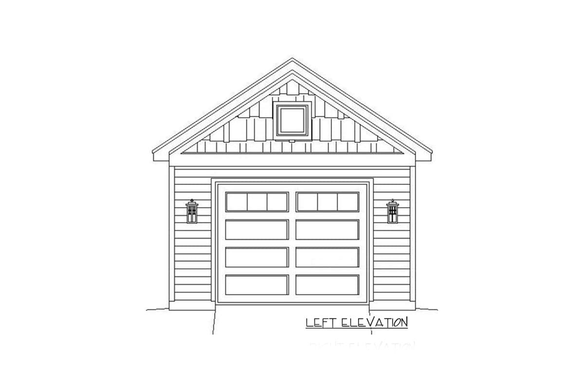 Left elevation of a garage with a gable roof, shingle siding, a square dormer, and a multi-pane garage door.