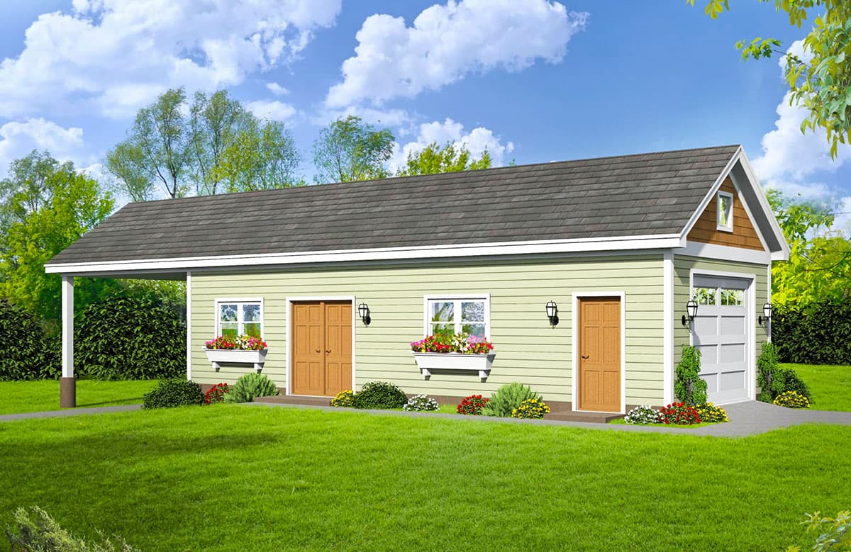 House plan exterior. One story with gable roof, covered porch, two doors, and a garage door. Features include a dormer window and flower boxes.