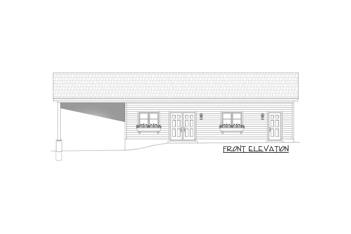 Front elevation house plan. Single-story home with attached carport, double front doors, and two windows with flower boxes.