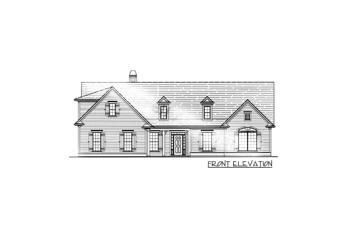 Front elevation drawing of a two-story house plan with gables, dormers, and a covered entrance.