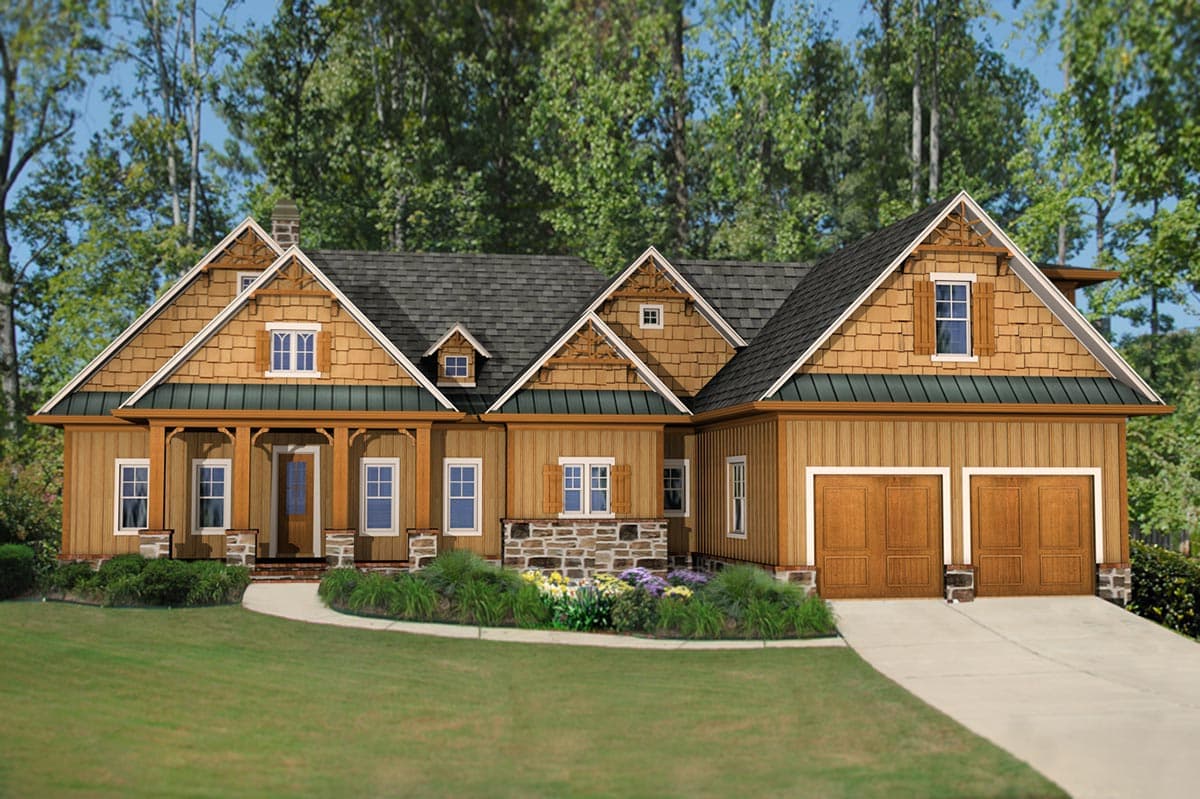 House plan exterior. Craftsman style with two stories, gabled rooflines, a front porch, and an attached two-car garage.