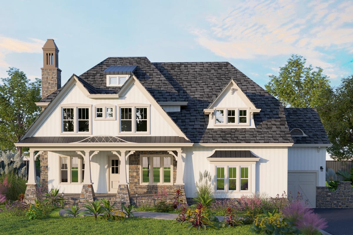 House plan exterior. Two-story, Craftsman-style home with a front porch, gables, dormers, and a stone chimney.