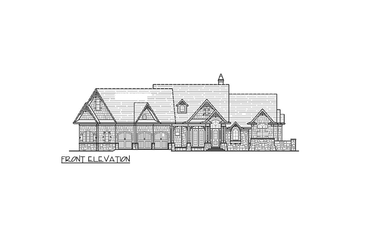 Front elevation drawing of a multi-story house with multiple gables, dormers, covered porch, and stone accents.