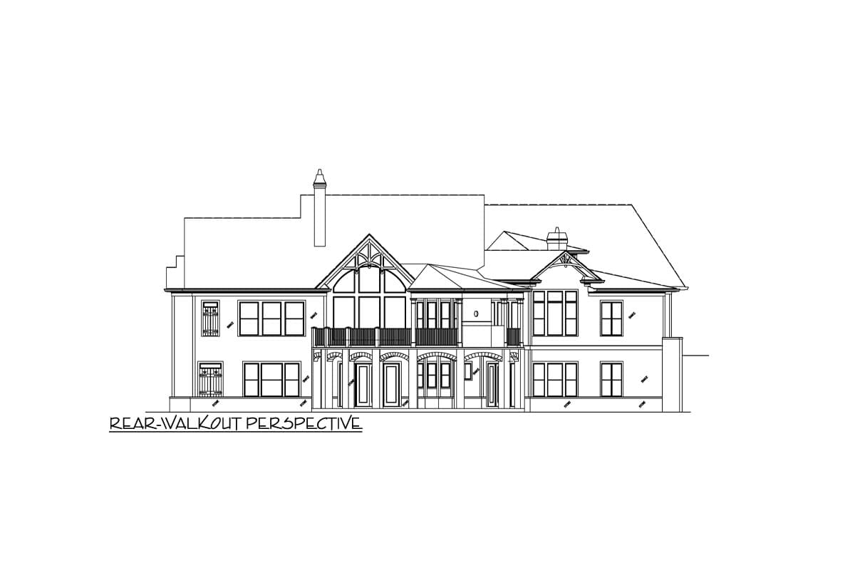 Rear elevation drawing of a multi-story house plan with balconies, gables, and varied window arrangements.