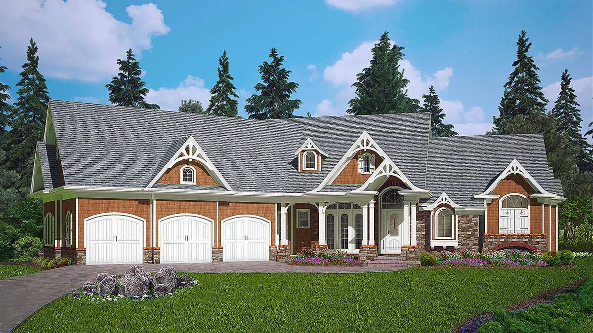 House plan exterior. Craftsman style with a three-car garage, multiple gables, and a front porch with a prominent entryway, and dormers.
