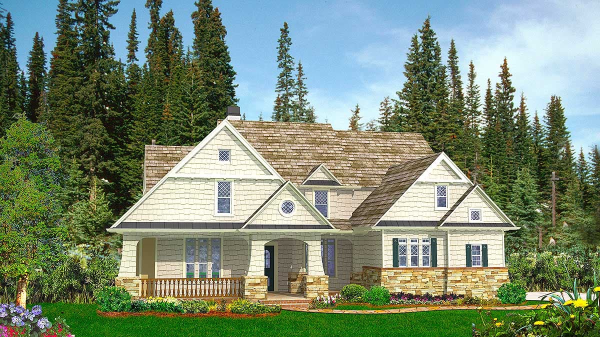 House plan exterior. Two-story Craftsman home with a gabled roof, a front porch, and dormers. Features stone accents and shake siding.