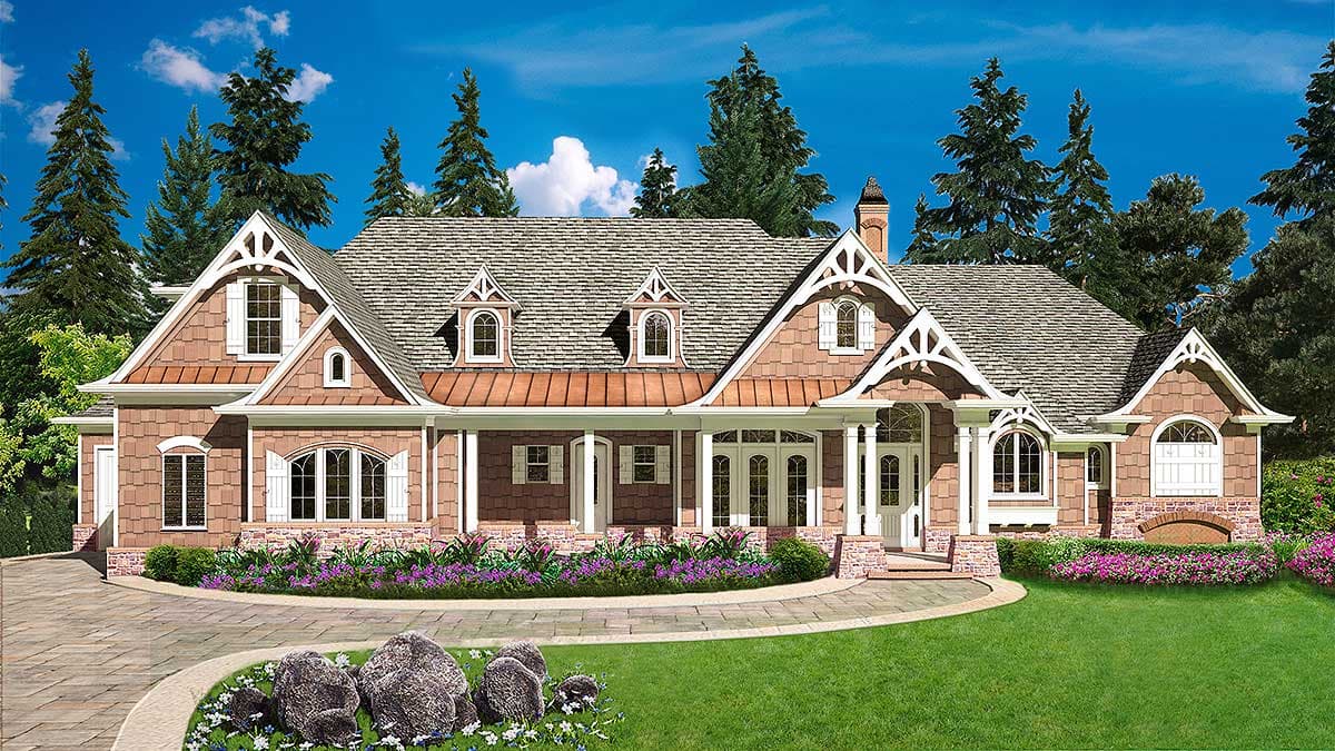 House plan exterior. Craftsman style with gabled roof, dormers, and a large front porch with columns. Two stories.