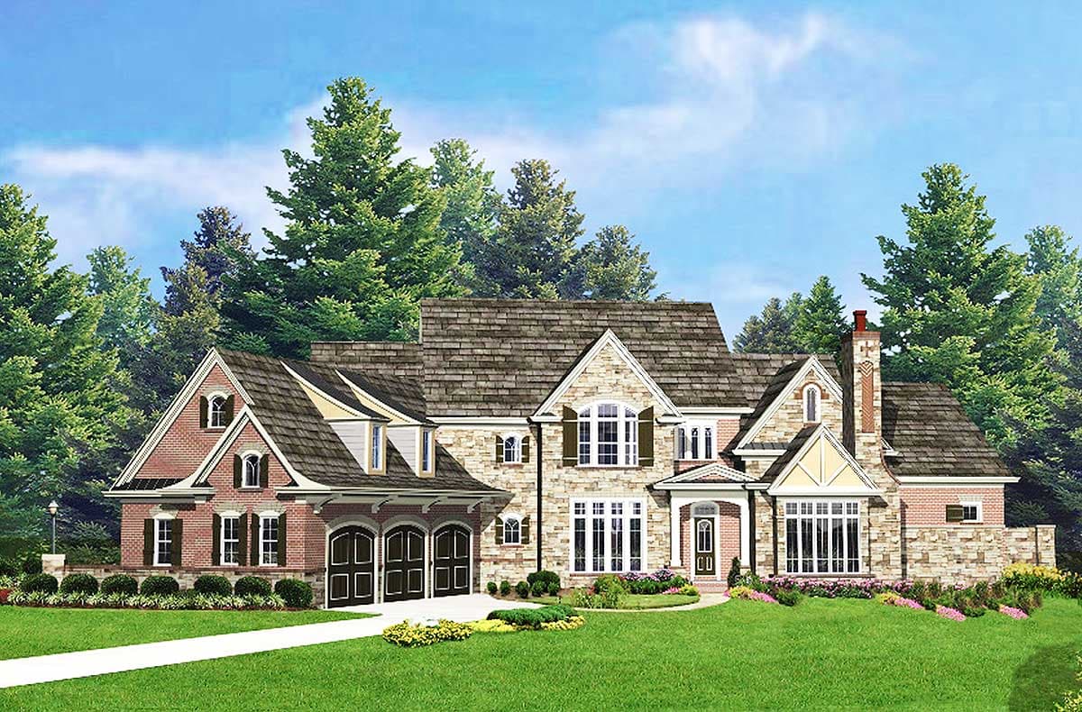 House plan exterior featuring a two-story design with a stone and brick facade, multiple gables, and a porte-cochere over the garage.