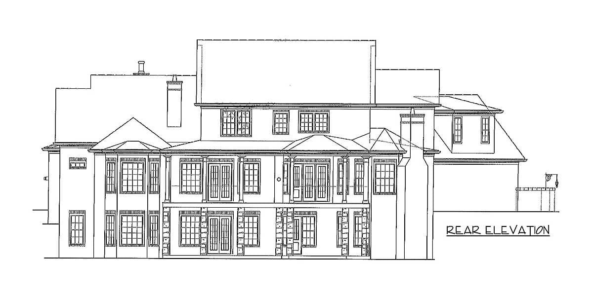 Rear elevation drawing of a multi-story house plan with numerous windows, a covered porch, and prominent gables.