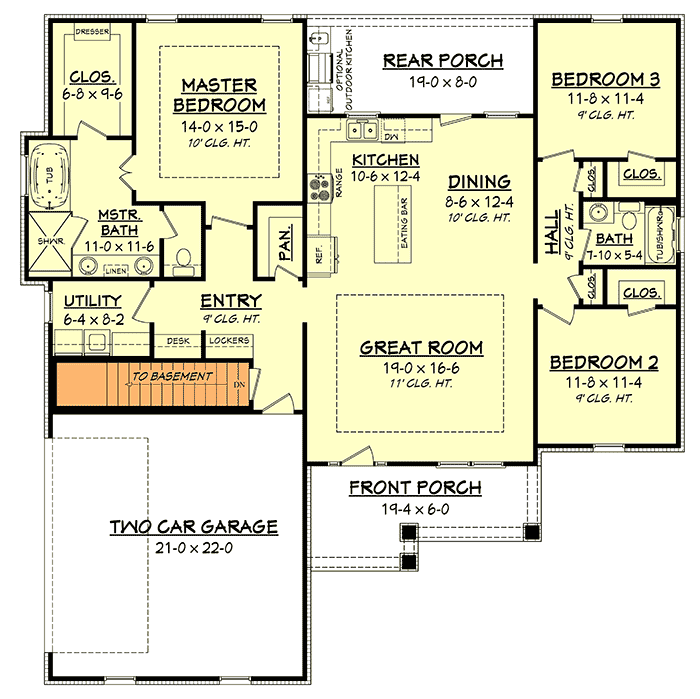 Plan 51747HZ: 3-Bed Craftsman House Plan with Optional Outdoor Kitchen - 1657 Sq Ft - Floor Plan - Main Floor with Basement Stair Location - Cottage, Country, Craftsman, Northwest, Southern