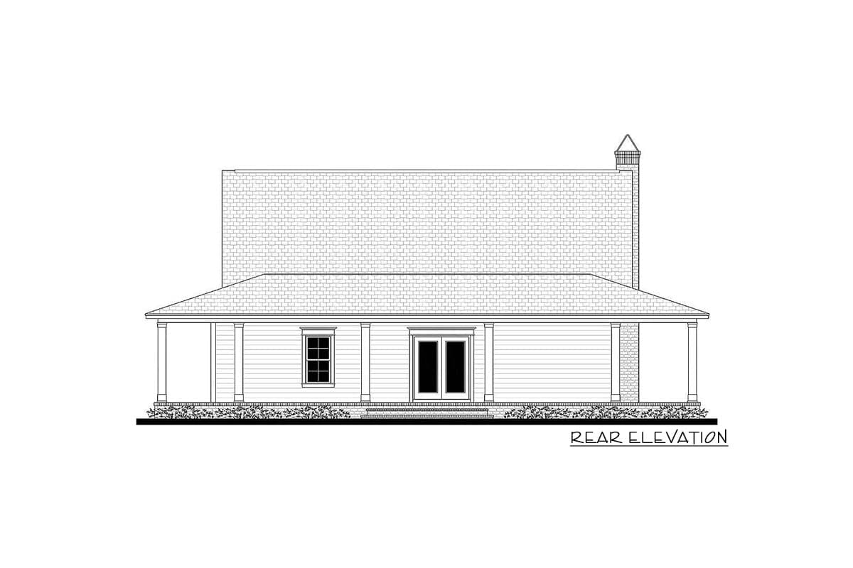 Rear elevation drawing of a house plan with a hip roof, central double doors, one window, and a covered porch.