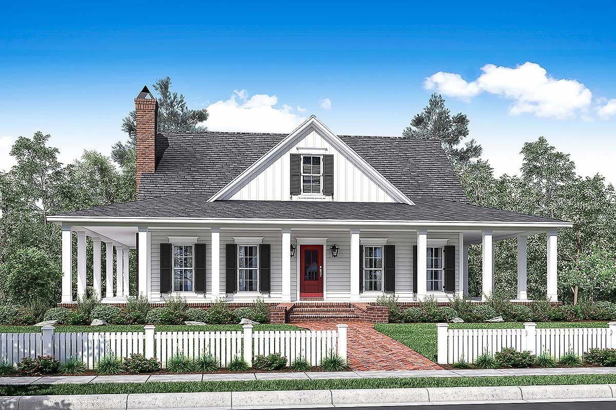 House plan exterior featuring a one-story, farmhouse-style home. Notable features include a wraparound porch, gabled roof, and dormer window.
