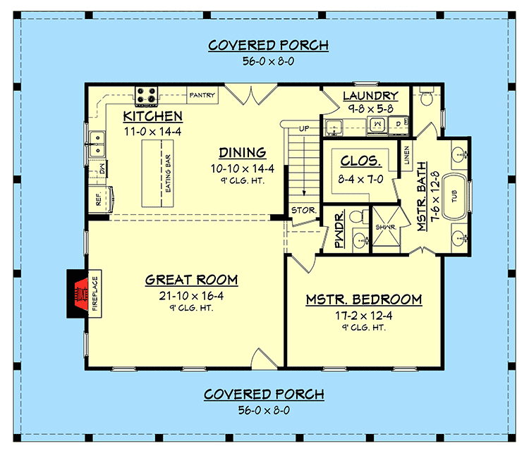 Plan 51748HZ: 3 Bed Country House Plan With Full Wraparound Porch - 2084 Sq Ft - Floor Plan - Main Level - Cottage, Country, Farmhouse, Southern, Traditional