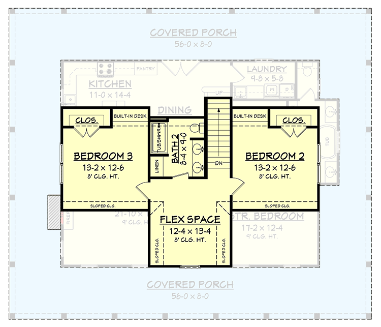 Plan 51748HZ: 3 Bed Country House Plan With Full Wraparound Porch - 2084 Sq Ft - Floor Plan - 2nd Floor - Cottage, Country, Farmhouse, Southern, Traditional