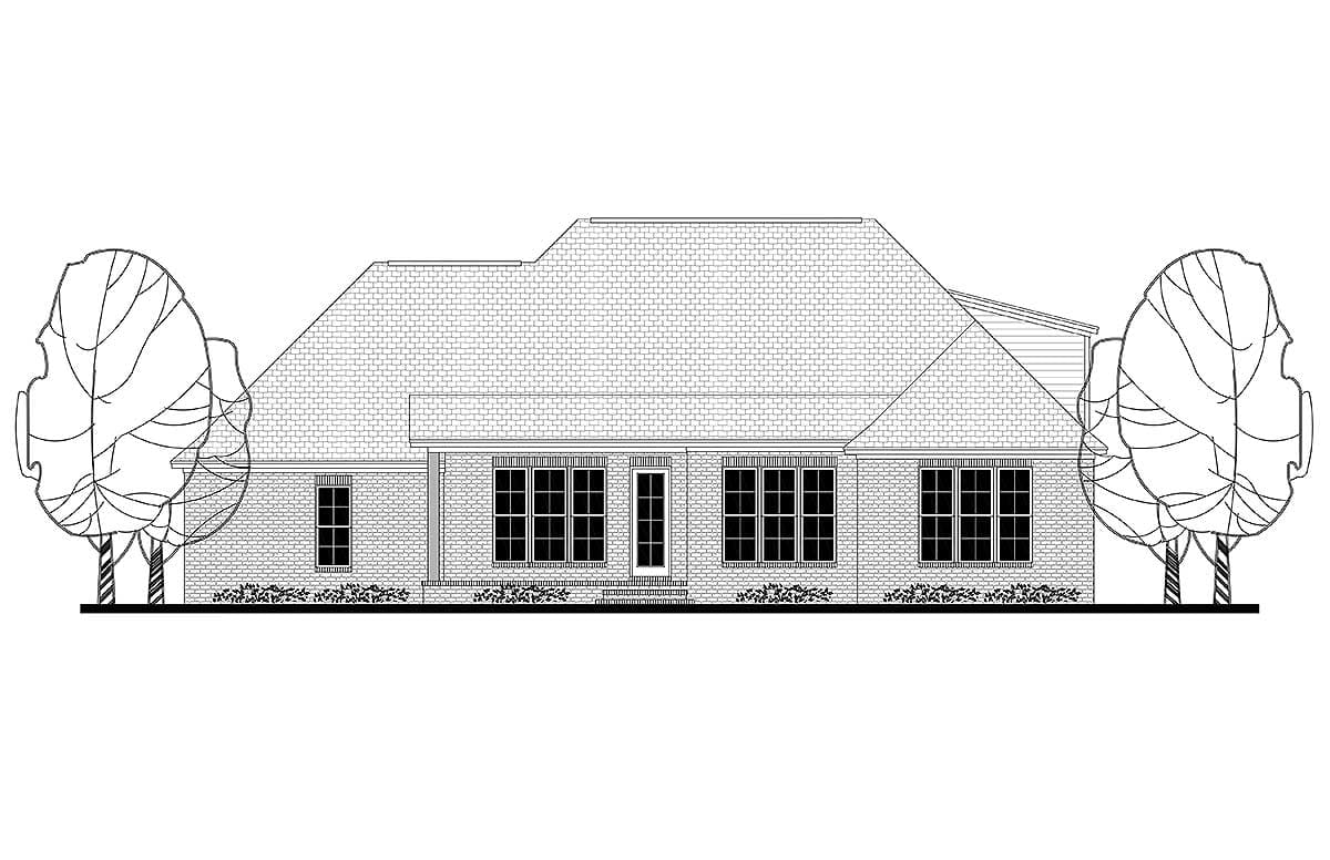 House plan exterior: one-story brick home with multiple gables, a central entrance, and numerous double-hung windows.