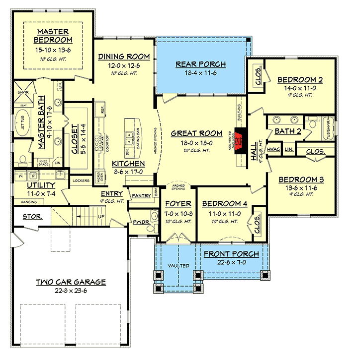 Plan 51749HZ: Four Bed French Acadian Home Plan with Optional Bonus Space - 2329 Sq Ft - Floor Plan - Main Level - Acadian, European, French Country, Louisiana-Style, Southern, Traditional