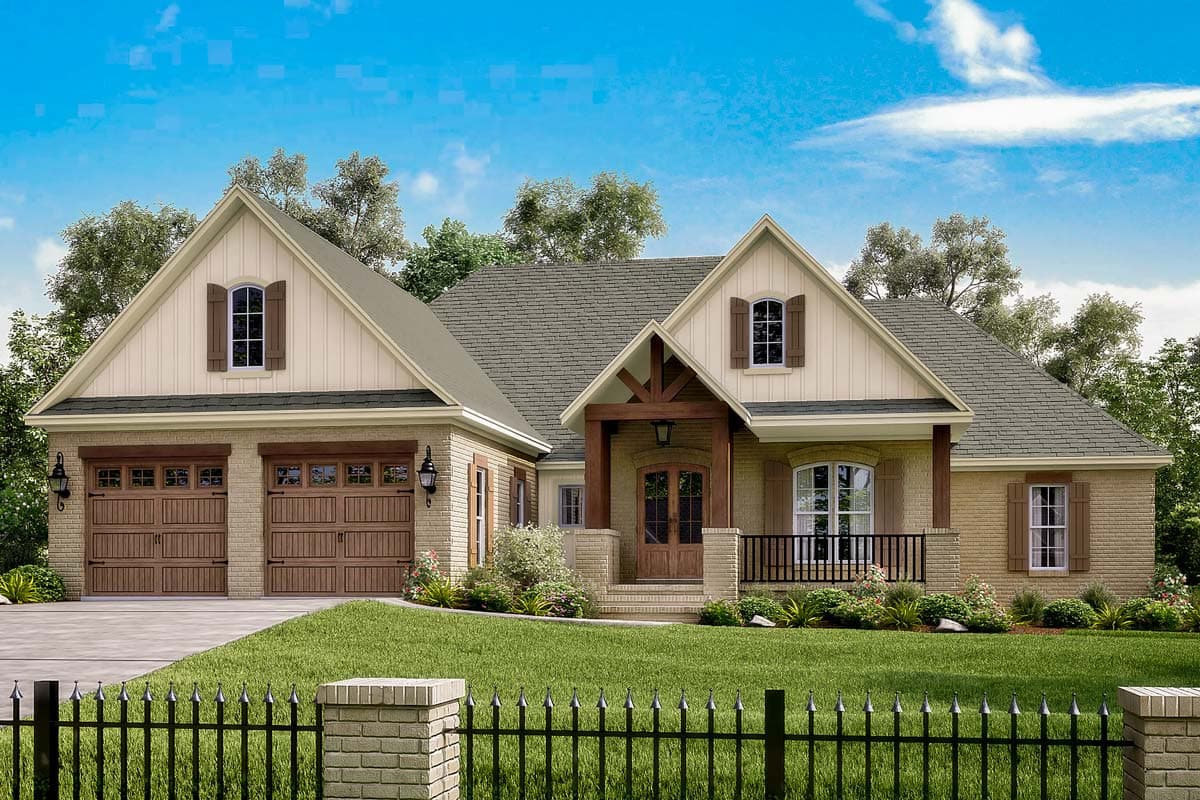 House plan exterior. A one-story house with gabled roof, front porch with columns, and attached garage with two doors.