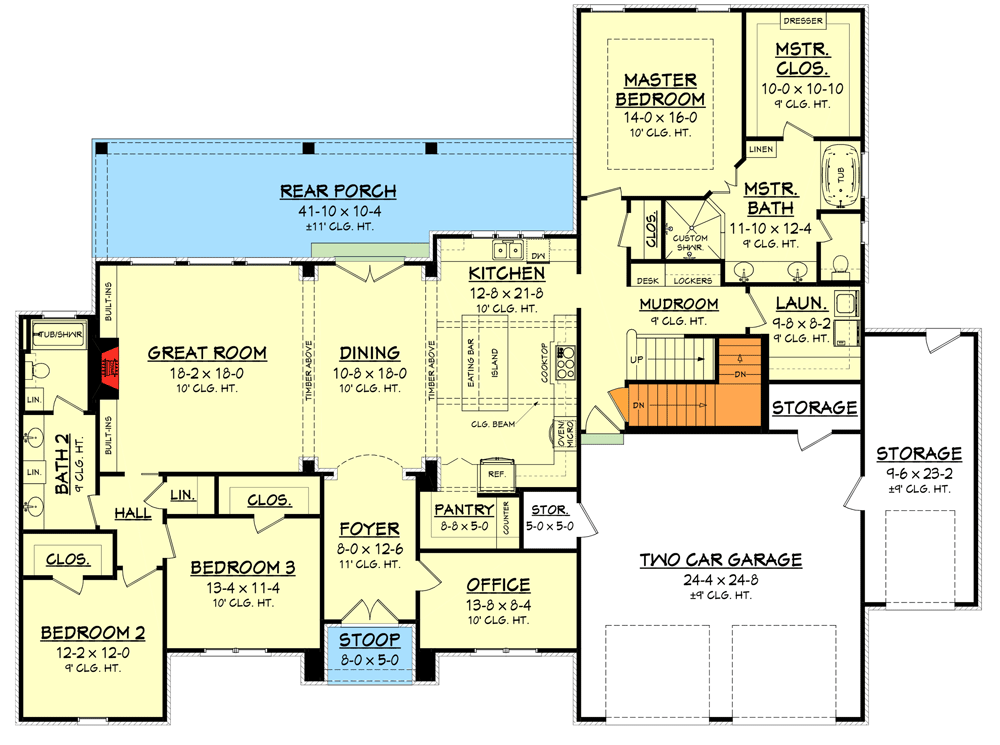 Plan 51752HZ: French Country House Plan With Split Bedrooms and a Bonus Room - 2487 Sq Ft - Floor Plan - Main Level - Basement Stair Location - Acadian, European, French Country, Louisiana-Style