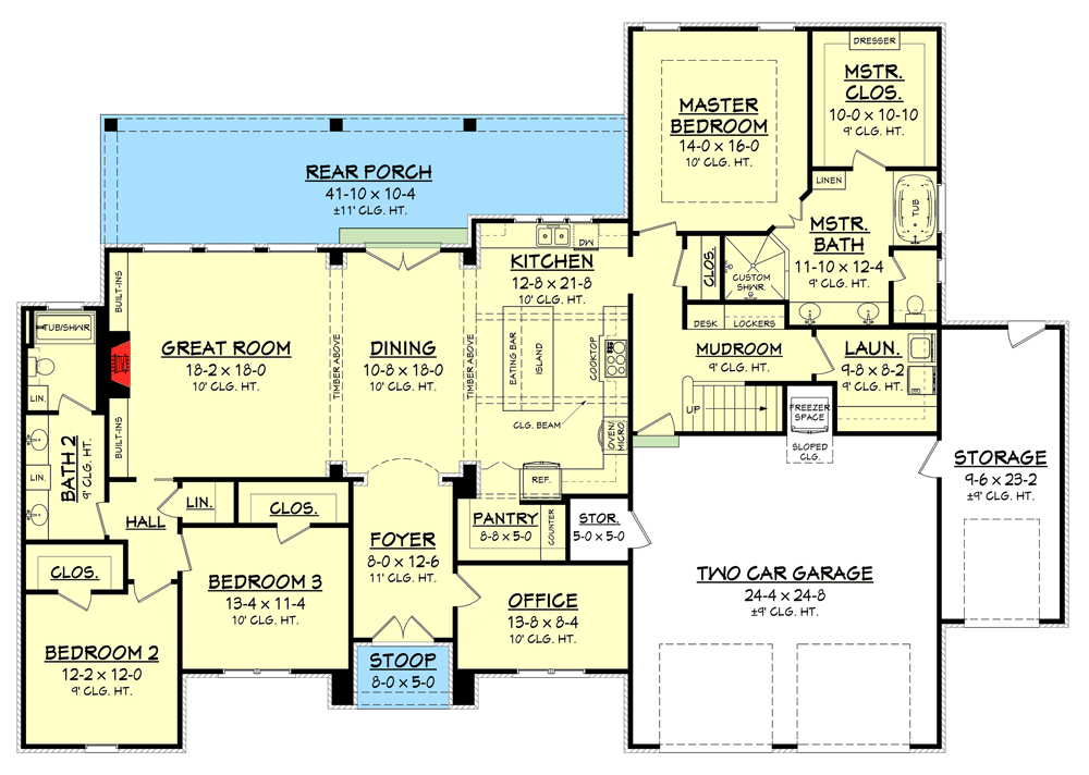 Plan 51752HZ: French Country House Plan With Split Bedrooms and a Bonus Room - 2487 Sq Ft - Floor Plan - Main Level - Acadian, European, French Country, Louisiana-Style