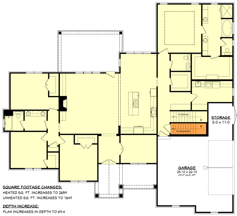 Plan 51753HZ: 4-Bed Craftsman House Plan with Optionally Finished Bonus Room Over Garage - 2641 Sq Ft - Floor Plan - Main Floor - Basement Foundation Option - Country, Craftsman
